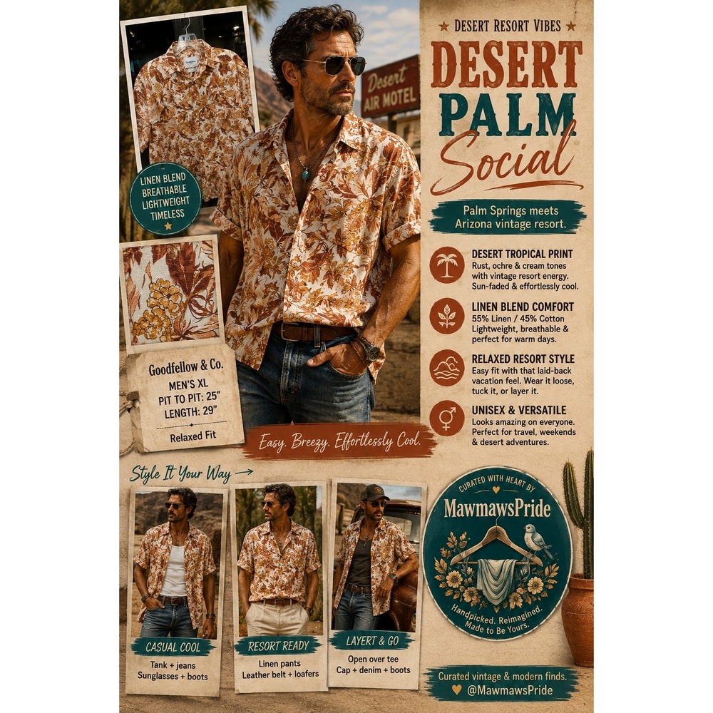 Goodfellow & Co Mens XL Linen Blend Floral Resort Shirt Rust Orange Desert Palm